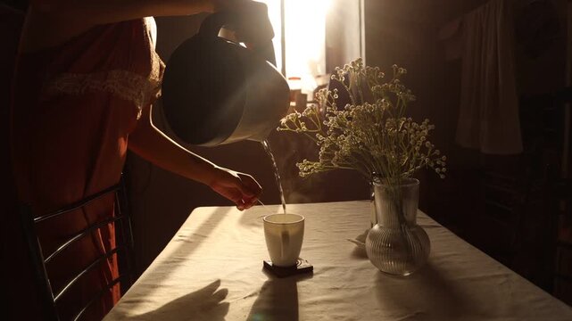 A woman making her green tea and dipping the tea bag in the hot water