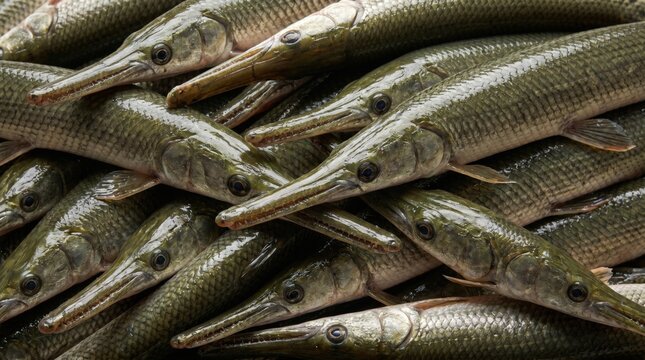 Freshly caught longnose gar fish stacked together featuring detailed scales and elongated snouts in a natural close up composition for commercial fisheries market