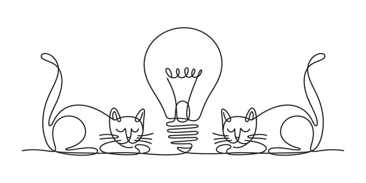 Two cute cats sleeping near a light bulb, simple line art illustration