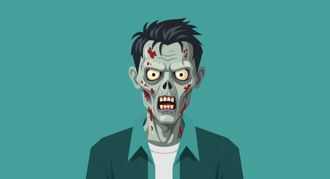 Vector illustration of a male zombie with pale green skin, bloodstains on face, staring yellow eyes, and open mouth showing teeth, wearing a dark green shirt on a teal background.