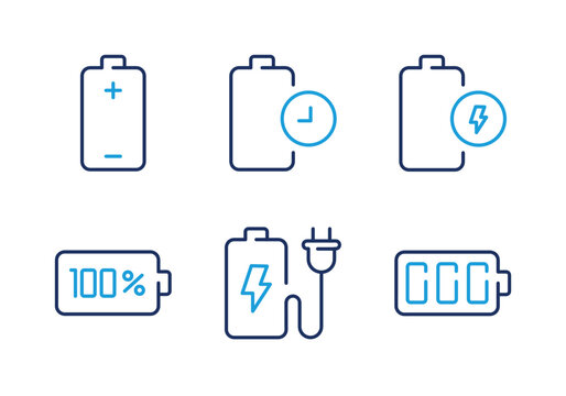 Charging Status and Battery Level Indicator thin line icon set. Minimal web icons