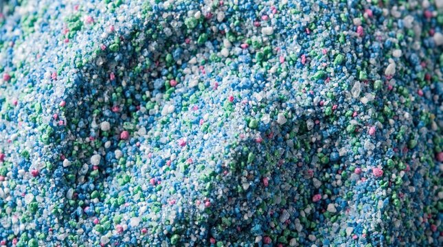 Granular laundry detergent powder texture featuring vibrant blue green and pink micro particles for deep cleaning and fabric care in a detailed macro close up shot