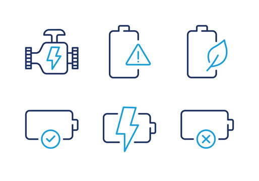 Battery Fault Alert, Eco Engine, and Power Status thin line icon set. Minimal web icons