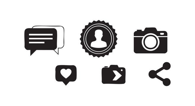 Social media interface icon collection featuring chat bubbles user profile camera love heart and share network symbols.