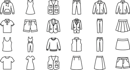 Casual and Formal Clothing Vector Icon Set Featuring Outline Line Art Men and Women Fashion Apparel Including Hoodie Blazer Suit Skirt Polo Shirt and Dress for Retail LayoutsCasual and Formal Clothing © Sonjoy