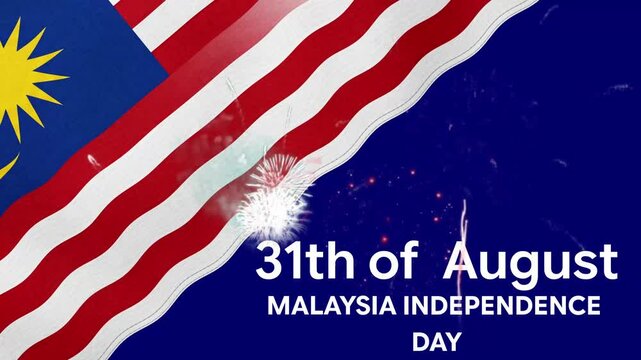 Malaysia Independence Day 31st of August Celebration Animation with Waving Jalur Gemilang Flag and Festive Firework Background