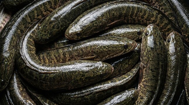Fresh raw snakehead fish pile stacked together in a market display featuring detailed wet scales and natural dark green patterns for culinary seafood concept