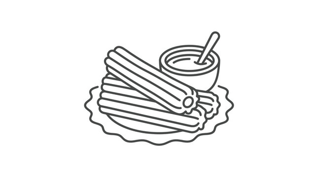 Vector line art of churros with chocolate dipping sauce.
