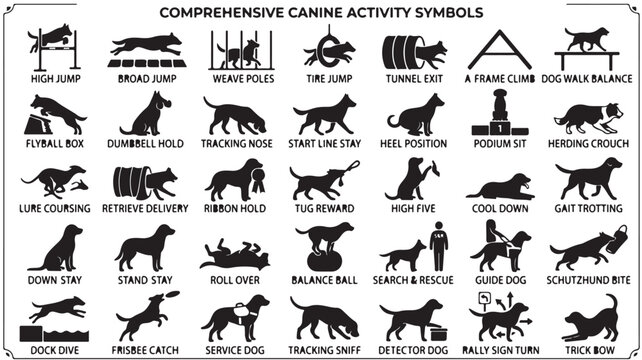 Comprehensive canine activity symbols, dog training and agility icons set, black pet behavior silhouettes, professional service dog vector collection