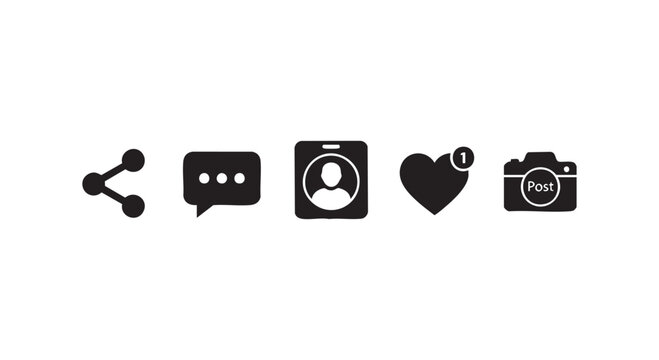 Social media user interface elements design collection black and white vector illustration of web icons.