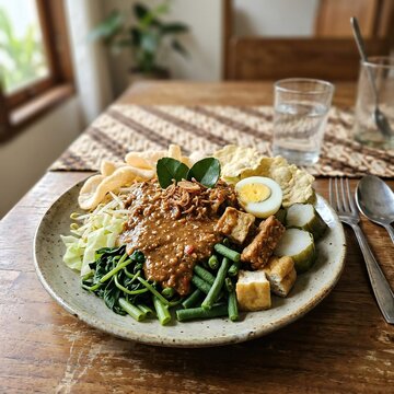 Traditional Asian Vegetable Salad with Tofu, Tempeh, Egg and Peanut Dressing