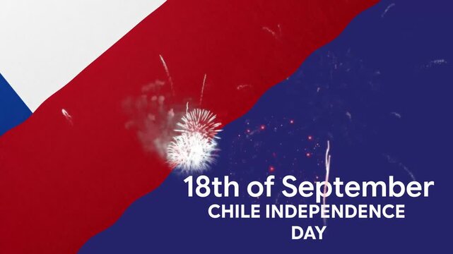 18th of September Chile Independence Day Celebration Animation with Red Blue Brushstroke Waves and Fireworks on White Cinematic Background