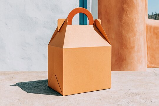 Rectangular cardboard gable box with a carry handle stands on a light-colored surface for bakery packaging, confectionery branding and retail product mockup