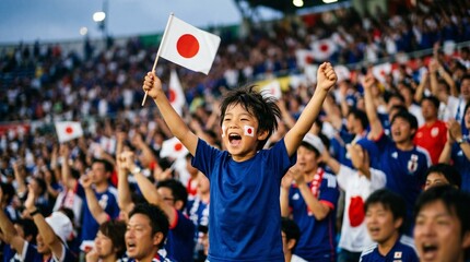 Fototapeta premium Japan Football Fan Child Waving National Flag in Stadium During International Match