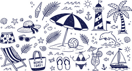 Summer Beach and Tropical Vacation Vector Icon Set Featuring Blue Outline Hand Drawn Doodle Elements of Sun Umbrella Deck Chair Lighthouse Palm Tree Dolphin and Sailing Boat for Resort LayoutsSummer B © Sonjoy