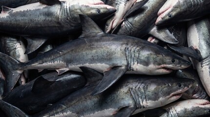 Obraz premium Group of great white sharks stacked together in a dense pile showing textured grey skin and sharp fins in a dramatic high angle overhead wildlife composition