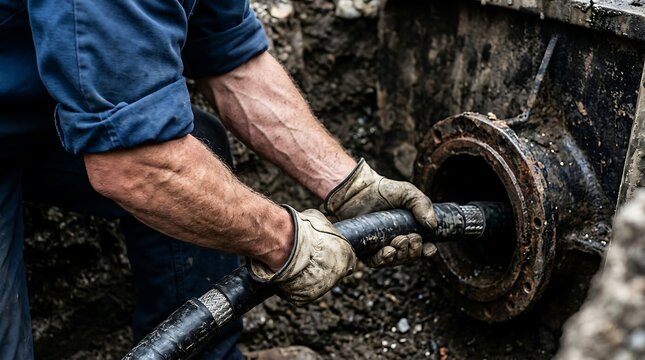 Manual worker installing utility cable in ground trench with construction installation plumbing.