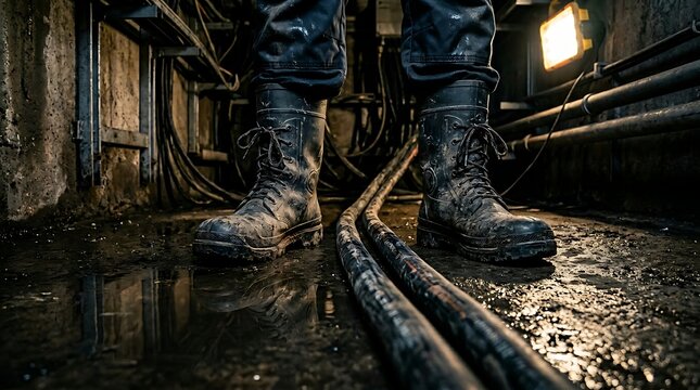 Industrial work boots standing on wet concrete floor with black electrical lines industrial concrete