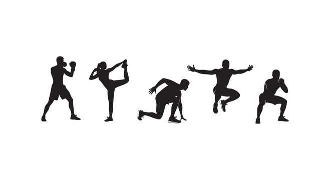Sport and fitness silhouettes set including boxing yoga sprinting jumping and squatting athletes vector illustration.