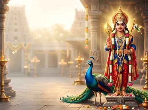 Breathtaking cinematic artwork of Lord Subrahmanya Murugan positioned on the far right third of the frame holding an elegant golden Vel spear decorated with sacred engravings magnificent realistic pea