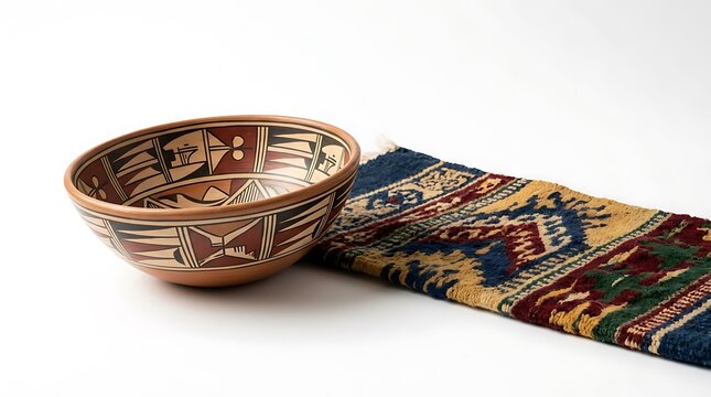 Southwestern Handcrafted Pottery Bowl and Woven Textile on White
