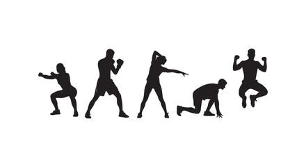 Obraz premium Sport fitness workout silhouettes set showing people exercising with squats boxing stretches running and jumping.