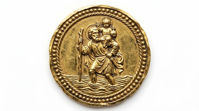 Golden Saint Christopher Medal Isolated on White Background