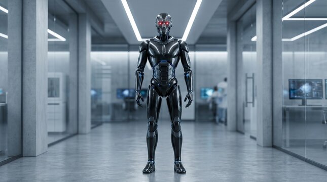 Futuristic Android Sentinel: A sleek, metallic android stands in a high-tech laboratory, its red eyes glowing with an ominous intensity.