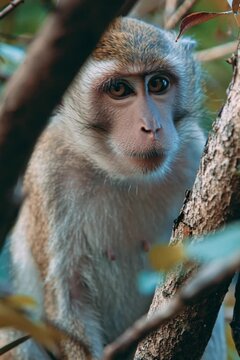 Closeup portrait of macaque monkey on the tree branch 
