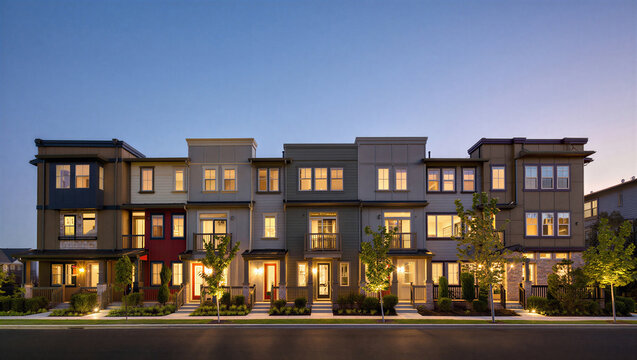 Modern residential townhouse row exterior in evening light with real estate, exterior design