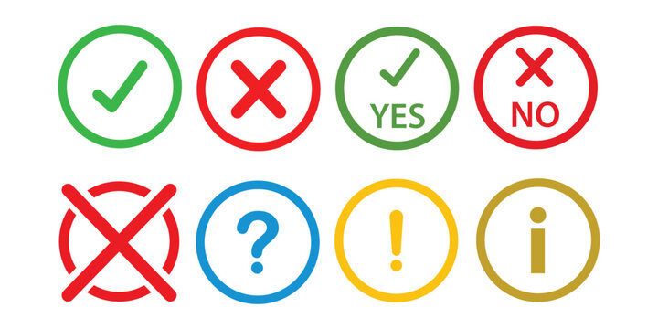 Icon set of check mark, cross, question mark, exclamation point. Vector illustration, Check mark, exclamation point, cross mark icons set Flat and outline style.