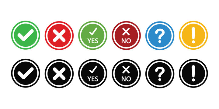 Icon set of check mark, cross, question mark, exclamation point. Vector illustration, Check mark, exclamation point, cross mark icons set Flat and outline style.