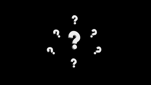 featuring multiple white question marks circling a large central question mark. dynamic composition with a question symbol surrounded by rotating smaller question marks, multiple question mark symbols