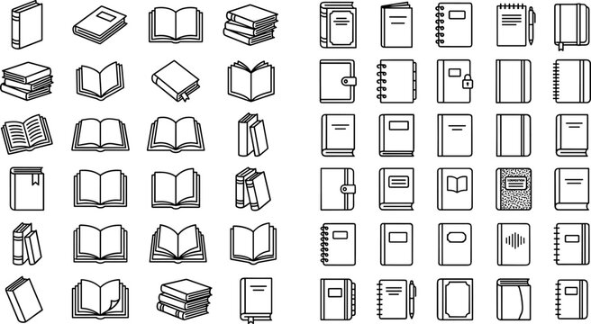 Comprehensive Book and Notebook Icon Set Featuring Academic Textbooks, Library Stacks, Personal Journals, Spiral Notepads, and Educational Learning Materials Linear Vector Symbols