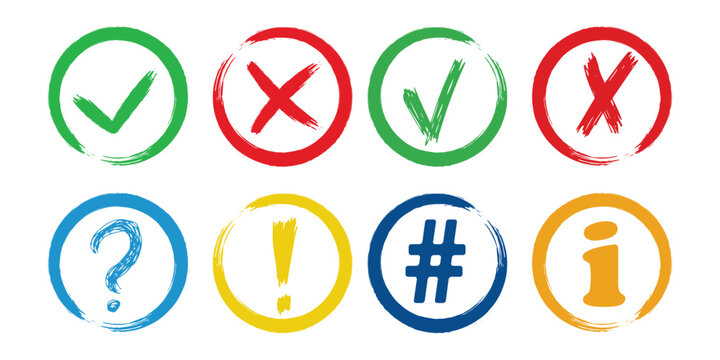 Icon set of check mark, cross, question mark, exclamation point. Vector illustration, Check mark, exclamation point, cross mark icons set Flat and outline style.