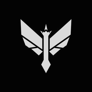 Abstract silver sword and wings heraldic crest.