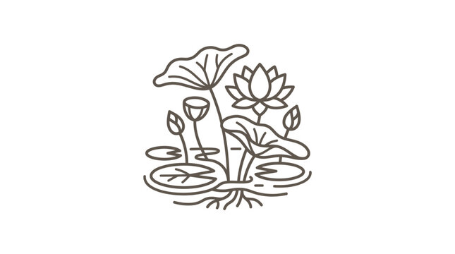 Lotus pond scene with flowers and pads line art.
