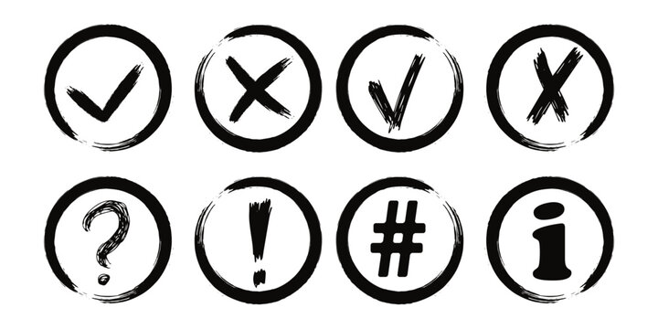 Icon set of check mark, cross, question mark, exclamation point. Vector illustration, Check mark, exclamation point, cross mark icons set Flat and outline style.