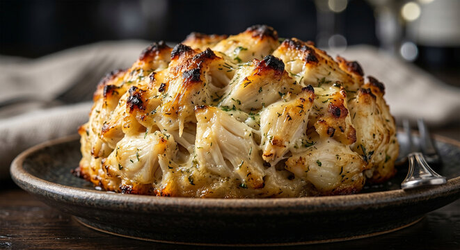 A hyper-realistic macro food photograph focusing on the crown of a broiled Maryland crab cake. The focus is sharp on a massive, unbroken dome of jumbo lump blue crab meat