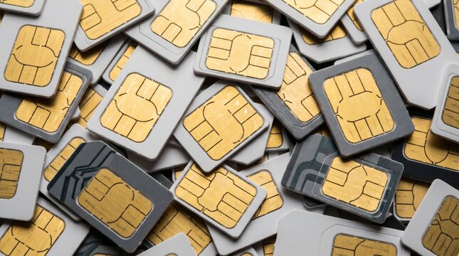 A large pile of mobile sim cards featuring metallic gold contact chips scattered in a chaotic arrangement representing global wireless telecommunication connectivity