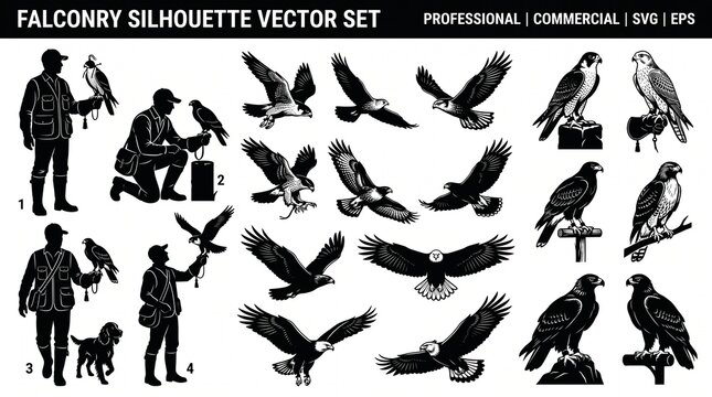 Comprehensive falconry silhouette vector set depicting falconers and diverse birds of prey ideal for wildlife sport and logo designs