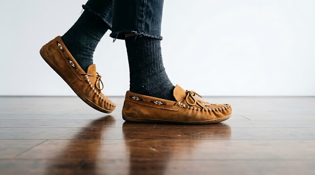Person walking in brown suede moccasin shoes on wooden floor