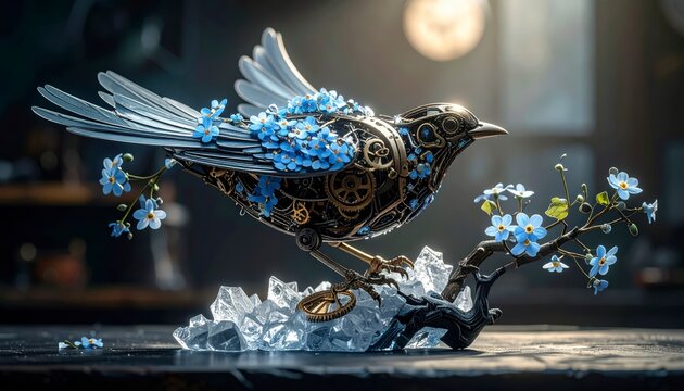 Intricate mechanical bird sculpture crafted with brass gears and blue forget me not flowers on crystalline base, capturing a cinematic close up of steampunk art.