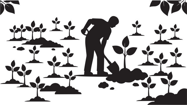 Black silhouette gardener planting young saplings in garden, farmer digging soil with shovel vector, environmental reforestation concept