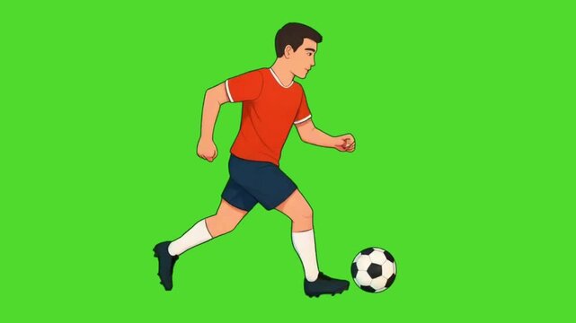 Soccer player running and dribbling ball on green screen