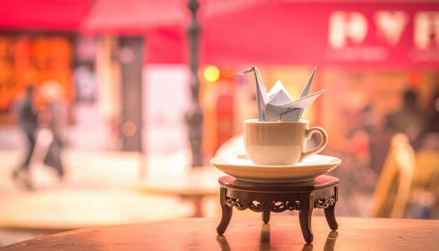 Elegant origami paper crane perched inside a delicate white espresso cup on a wooden stand with a blurred Parisian cafe background in warm cinematic widescreen.