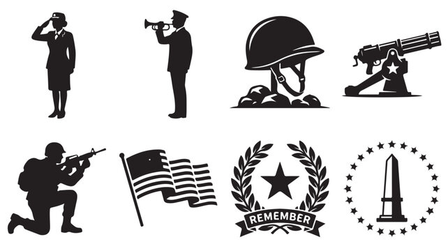 Military memorial icons set, patriotic soldier silhouettes and veteran symbols, black and white war remembrance vector graphics