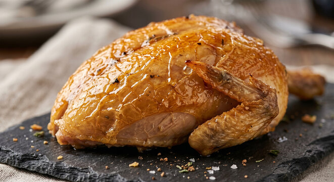 A hyper-realistic macro food photograph focusing on the breast and tiny wing joint of a roasted Cornish game hen. 
