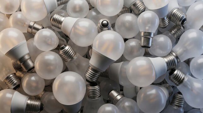 Abundant collection of modern white led light bulbs piled together creating a pattern of energy efficient lighting solutions for sustainable residential home decor