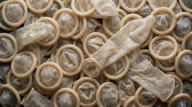 Multiple unwrapped latex condoms arranged in a dense pile creating a textured background for sexual health awareness campaigns and contraception education concepts